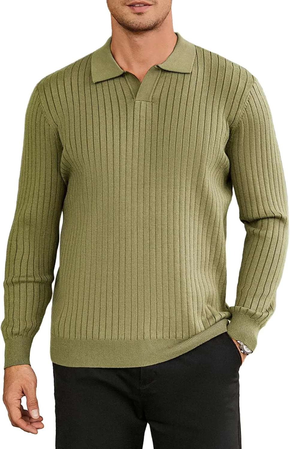 Hardaddy Men's Ribbed Knit Sweater Casual Long Sleeve Polo Sweater Collared V Neck Polo Shirts Solid Pullover Tops