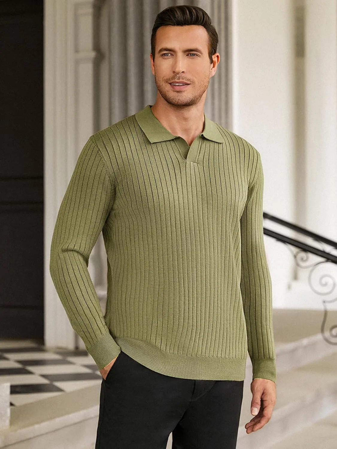Hardaddy Men's Ribbed Knit Sweater Casual Long Sleeve Polo Sweater Collared V Neck Polo Shirts Solid Pullover Tops