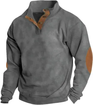 HARGLESMAN Mens Suede Sweatshirts Stand Collar Button Up Love Sleeve Pullover with Elbow Patches