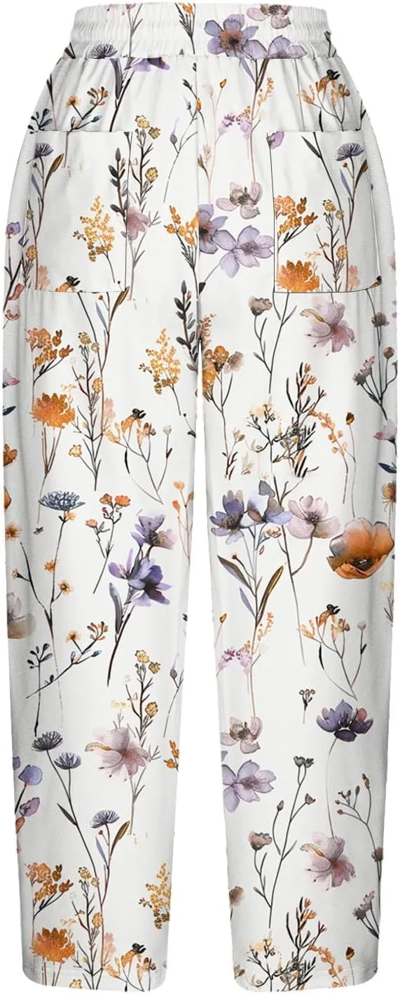 Hawaii Capri Pants for Women Casual Tropical Floral Print Pants Elastic High Waist Drawstring Summer Beach Trousers