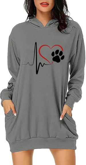 Heartbeat Paw Hoodie Dress for Women Long Sleeve Hooded Sweatshirt with Pockets Casual Oversize Pullover Fall Lounge