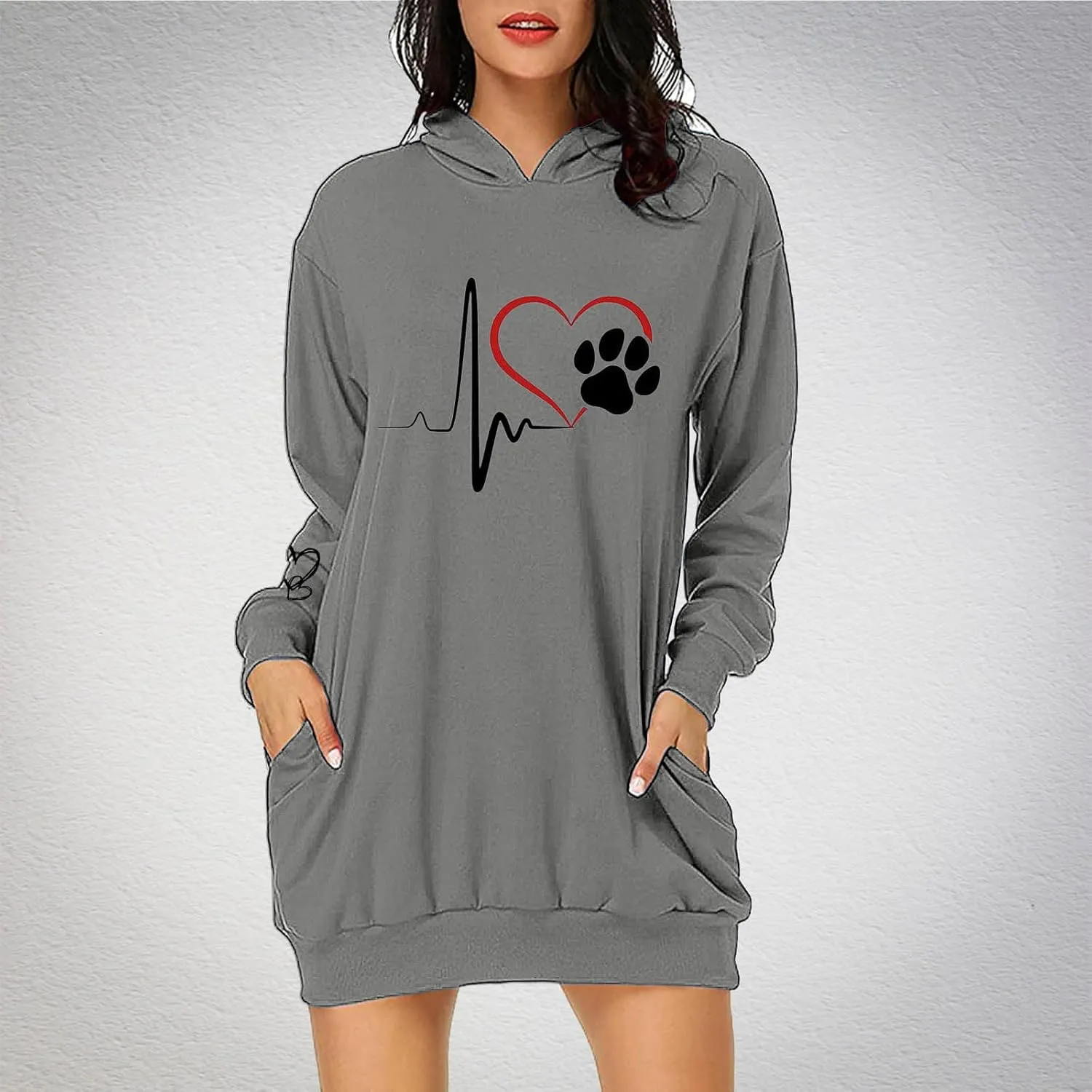 Heartbeat Paw Hoodie Dress for Women Long Sleeve Hooded Sweatshirt with Pockets Casual Oversize Pullover Fall Lounge