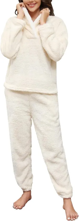 HEEKPEK Womens Pajamas Warm Fleece Pajamas Set Pullover Pants Loose Loungewear Sherpa Hoodie Sleepwear Winter Clothes