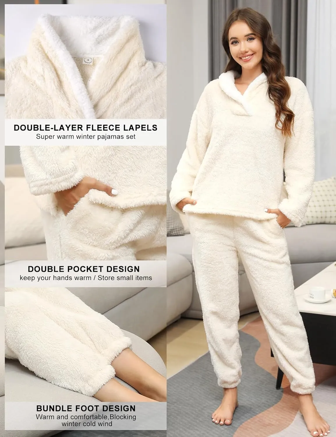 HEEKPEK Womens Pajamas Warm Fleece Pajamas Set Pullover Pants Loose Loungewear Sherpa Hoodie Sleepwear Winter Clothes
