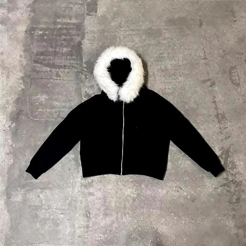 heyheyshine Men's Zip Up Hoodie Fur Hooded Jacket Y2k Emo Grunge 2000s Clothes Grunge Hoodie Warm Winter Coat for Men