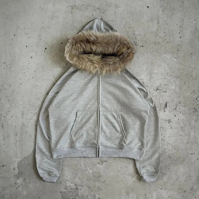 heyheyshine Men's Zip Up Hoodie Fur Hooded Jacket Y2k Emo Grunge 2000s Clothes Grunge Hoodie Warm Winter Coat for Men