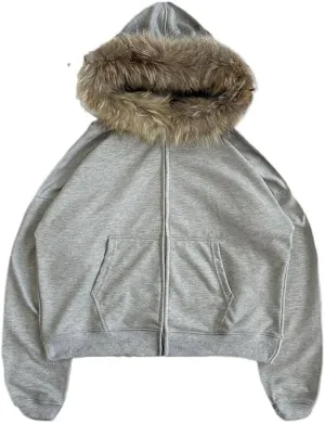 heyheyshine Men's Zip Up Hoodie Fur Hooded Jacket Y2k Emo Grunge 2000s Clothes Grunge Hoodie Warm Winter Coat for Men