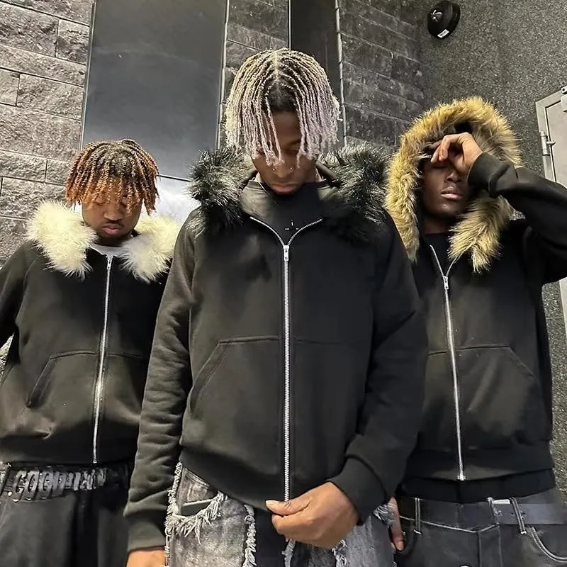heyheyshine Men's Zip Up Hoodie Fur Hooded Jacket Y2k Emo Grunge 2000s Clothes Grunge Hoodie Warm Winter Coat for Men