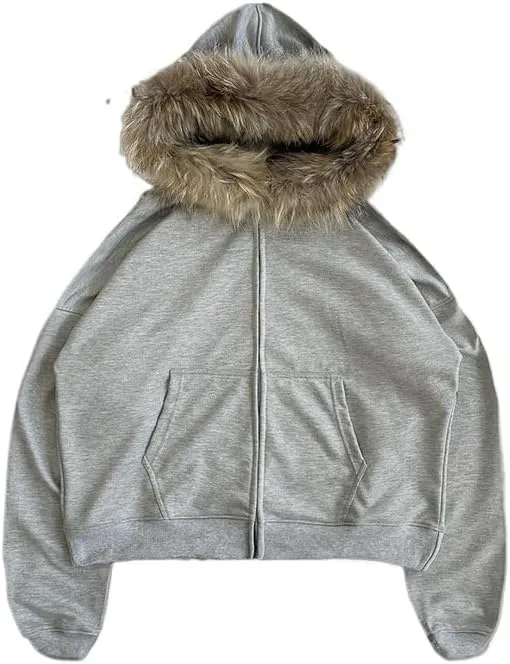 heyheyshine Men's Zip Up Hoodie Fur Hooded Jacket Y2k Emo Grunge 2000s Clothes Grunge Hoodie Warm Winter Coat for Men