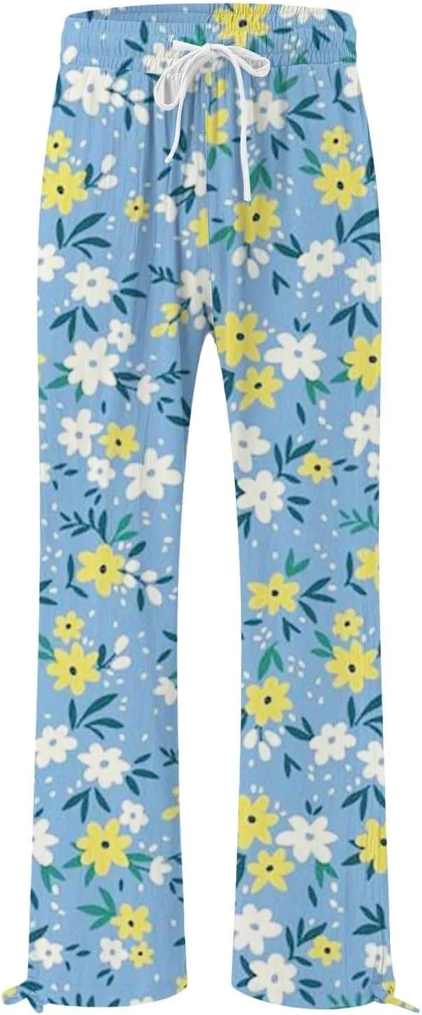 High Waist Floral Summer Casual Loose Pants Womens Cotton Casual Loose Pants Comfy Work Pants with Pockets Elastic