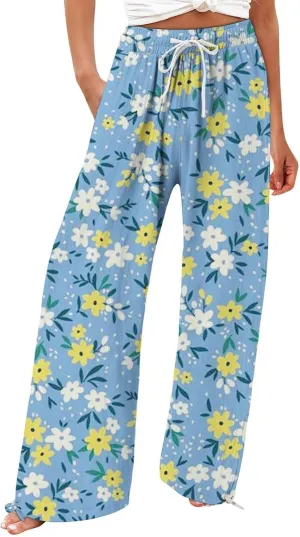 High Waist Floral Summer Casual Loose Pants Womens Cotton Casual Loose Pants Comfy Work Pants with Pockets Elastic