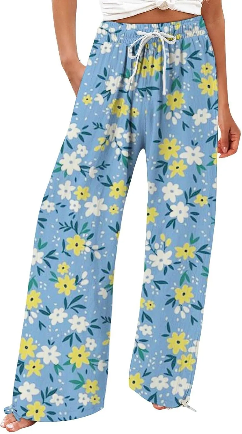 High Waist Floral Summer Casual Loose Pants Womens Cotton Casual Loose Pants Comfy Work Pants with Pockets Elastic