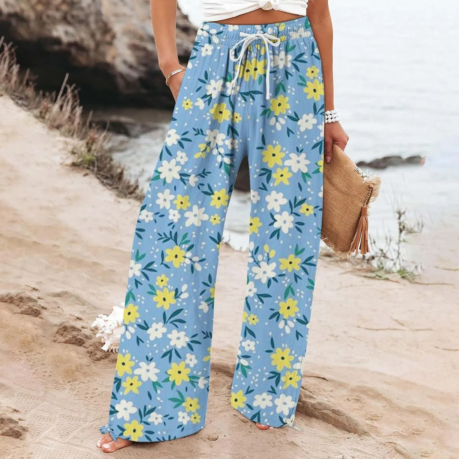 High Waist Floral Summer Casual Loose Pants Womens Cotton Casual Loose Pants Comfy Work Pants with Pockets Elastic