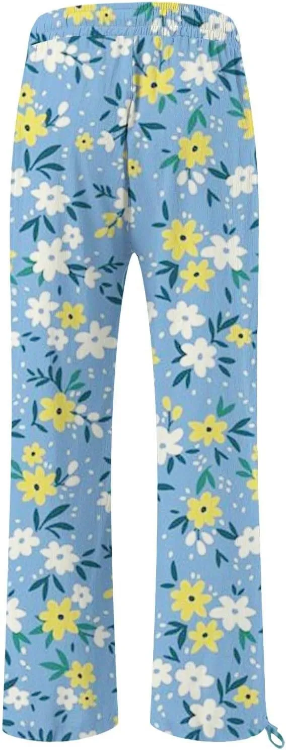 High Waist Floral Summer Casual Loose Pants Womens Cotton Casual Loose Pants Comfy Work Pants with Pockets Elastic