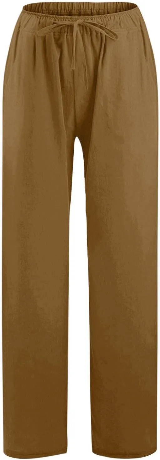 High Waisted Linen Pants Women Summer Casual Cotton Palazzo Pants Loose Fit Lightweight Wide Leg Pants with Pockets
