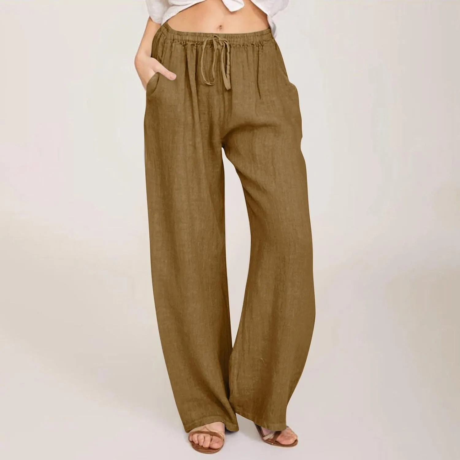 High Waisted Linen Pants Women Summer Casual Cotton Palazzo Pants Loose Fit Lightweight Wide Leg Pants with Pockets