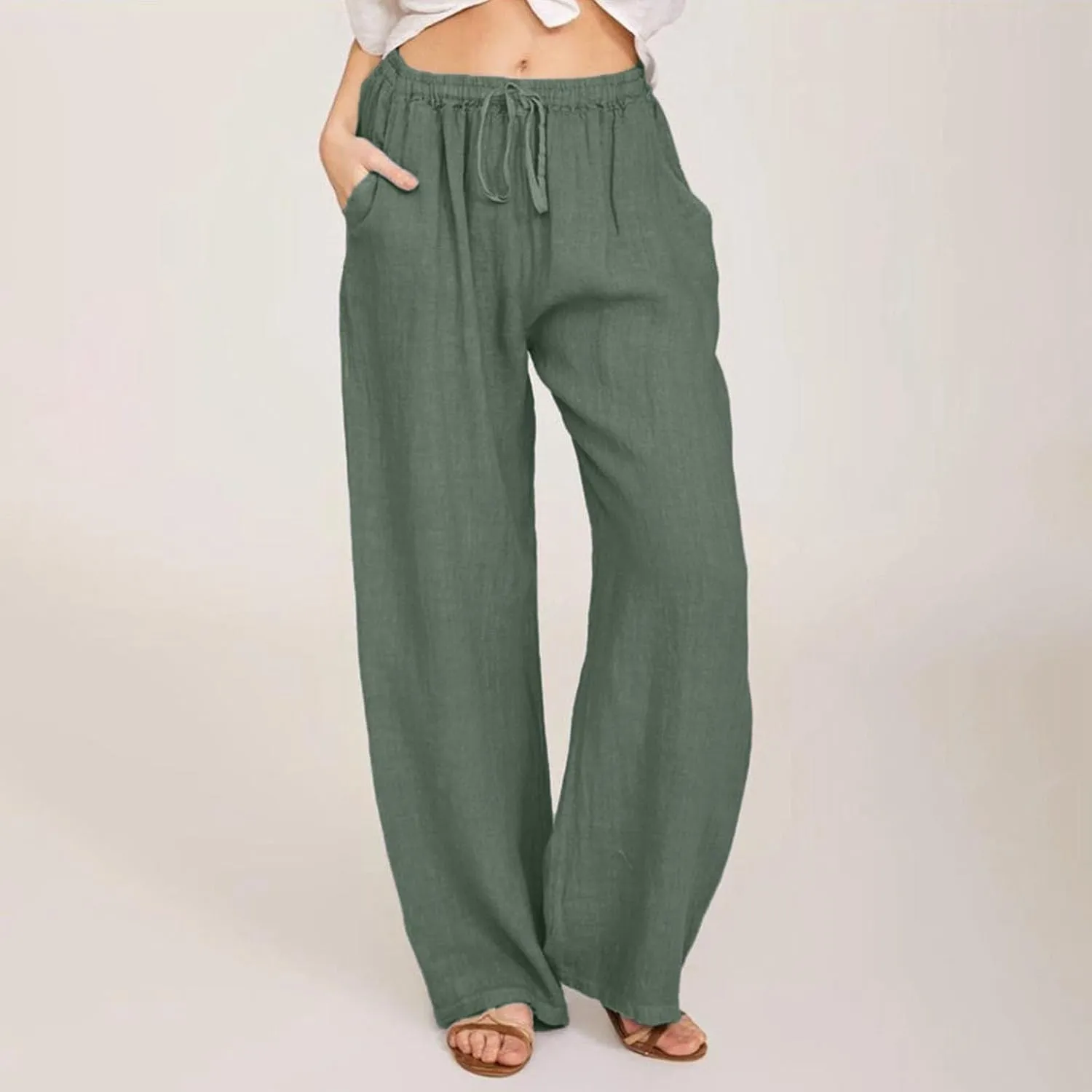 High Waisted Linen Pants Women Summer Casual Cotton Palazzo Pants Loose Fit Lightweight Wide Leg Pants with Pockets