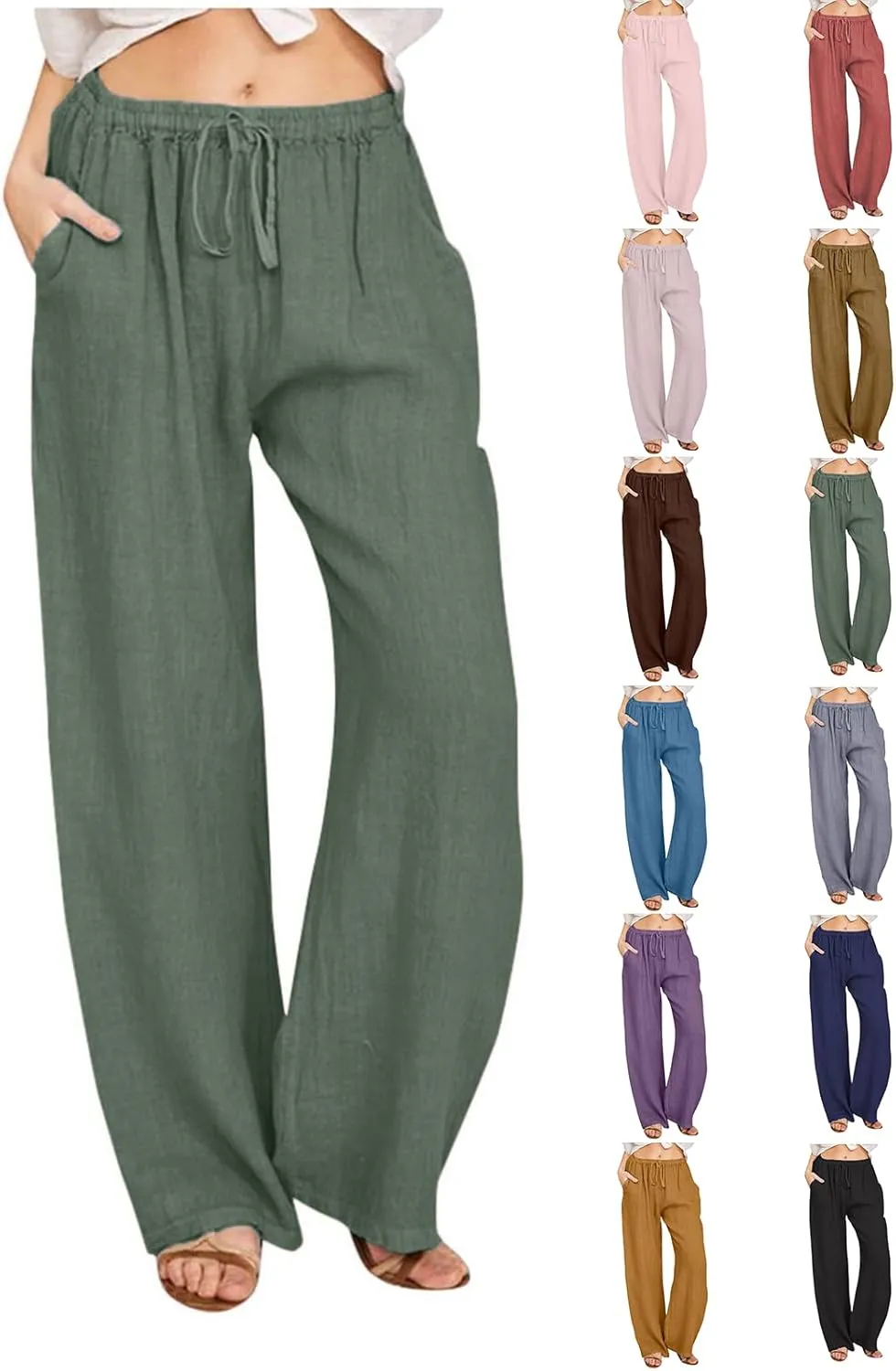 High Waisted Linen Pants Women Summer Casual Cotton Palazzo Pants Loose Fit Lightweight Wide Leg Pants with Pockets