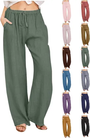 High Waisted Linen Pants Women Summer Casual Cotton Palazzo Pants Loose Fit Lightweight Wide Leg Pants with Pockets