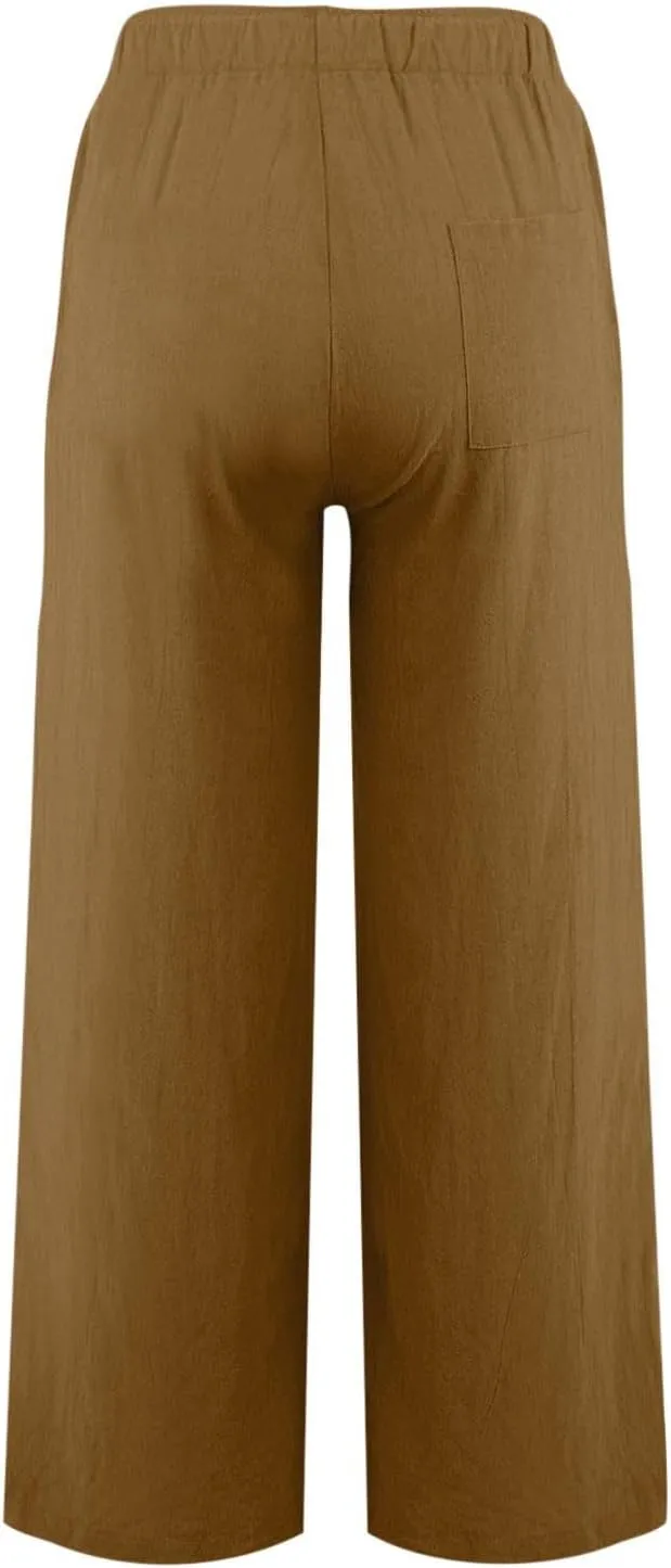 High Waisted Linen Pants Women Summer Casual Cotton Palazzo Pants Loose Fit Lightweight Wide Leg Pants with Pockets