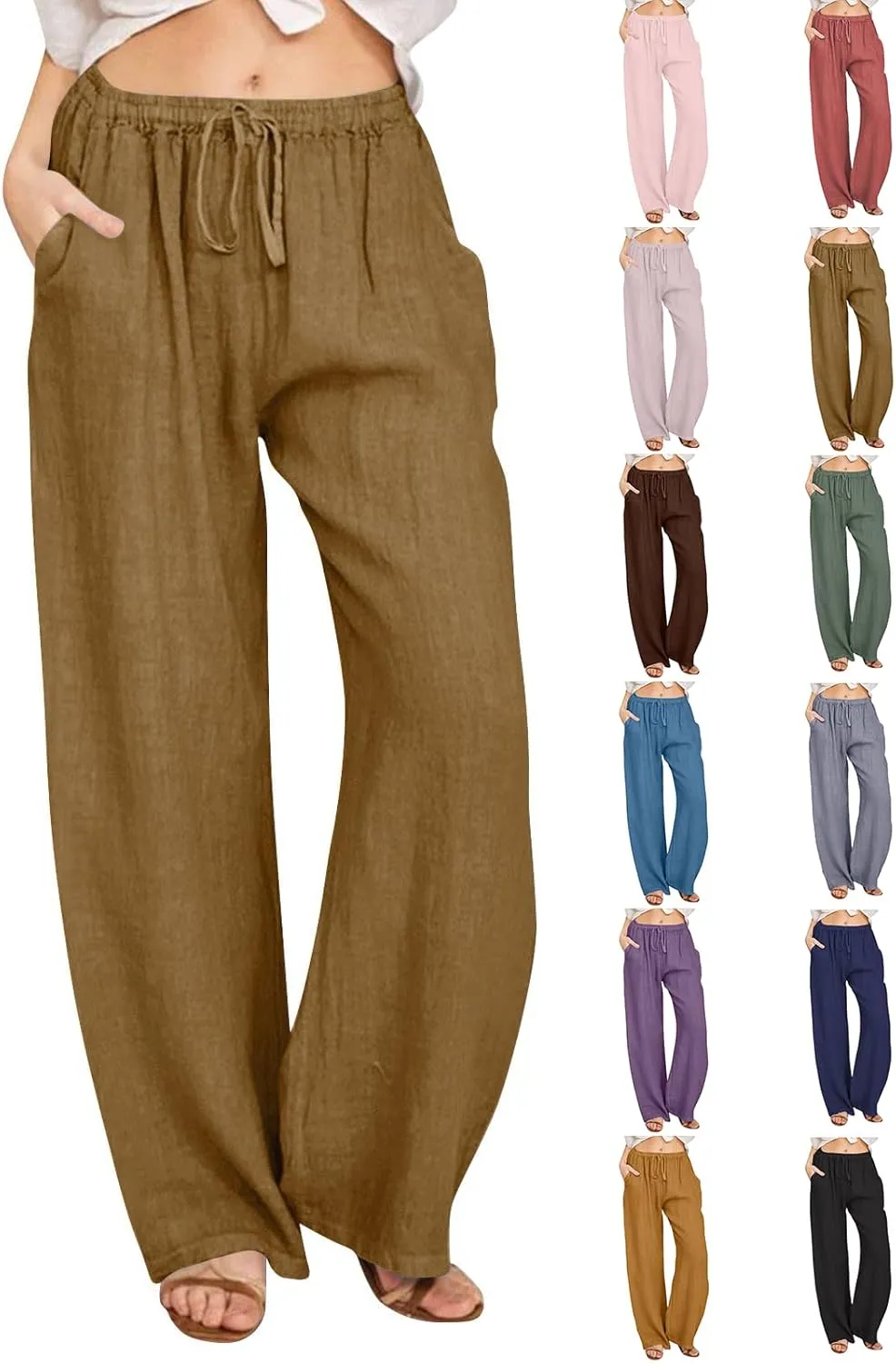 High Waisted Linen Pants Women Summer Casual Cotton Palazzo Pants Loose Fit Lightweight Wide Leg Pants with Pockets