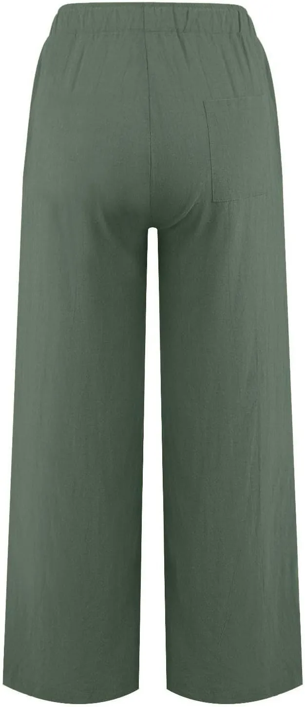 High Waisted Linen Pants Women Summer Casual Cotton Palazzo Pants Loose Fit Lightweight Wide Leg Pants with Pockets