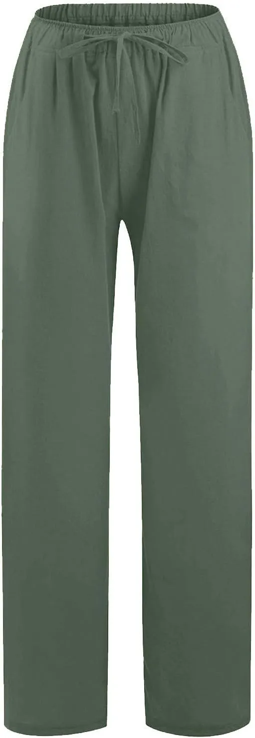 High Waisted Linen Pants Women Summer Casual Cotton Palazzo Pants Loose Fit Lightweight Wide Leg Pants with Pockets