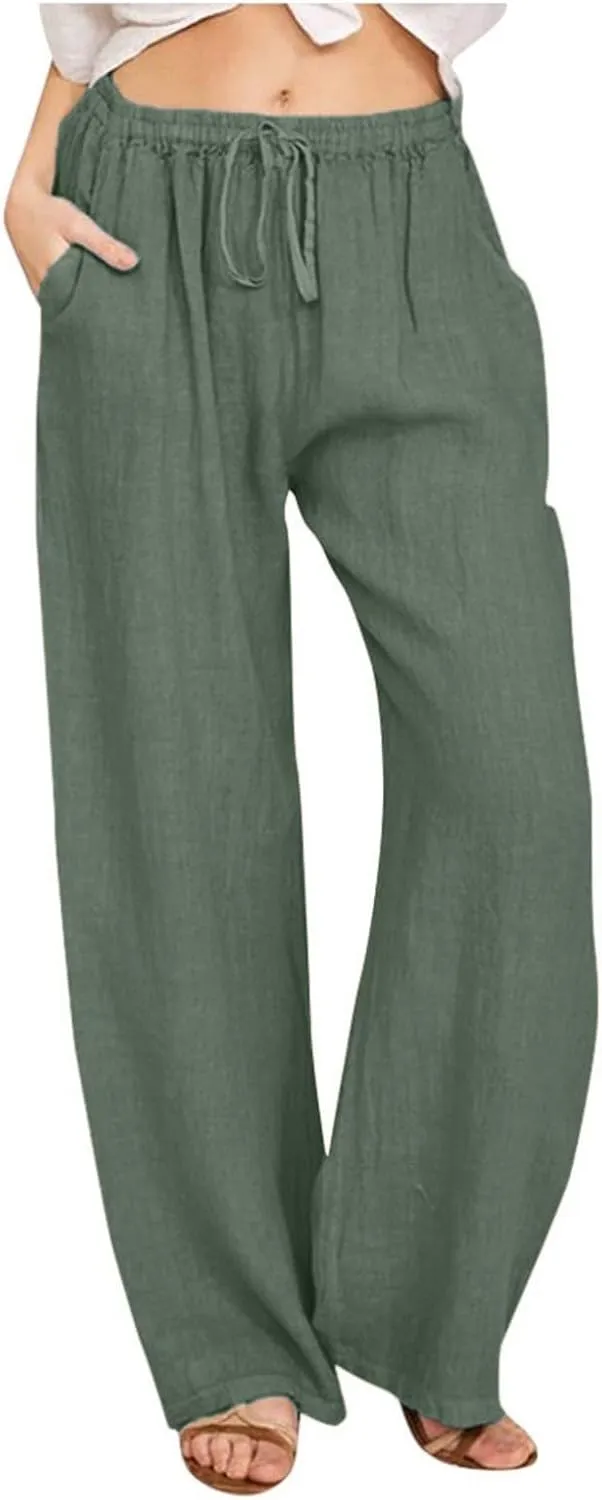 High Waisted Linen Pants Women Summer Casual Cotton Palazzo Pants Loose Fit Lightweight Wide Leg Pants with Pockets