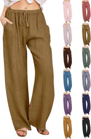 High Waisted Linen Pants Women Summer Casual Cotton Palazzo Pants Loose Fit Lightweight Wide Leg Pants with Pockets