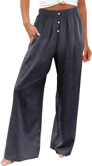 High Waisted Linen Pants Women Summer Casual Flowy Boho Beach Pants Lightweight Comfy Loose Linen Trousers w/Pockets
