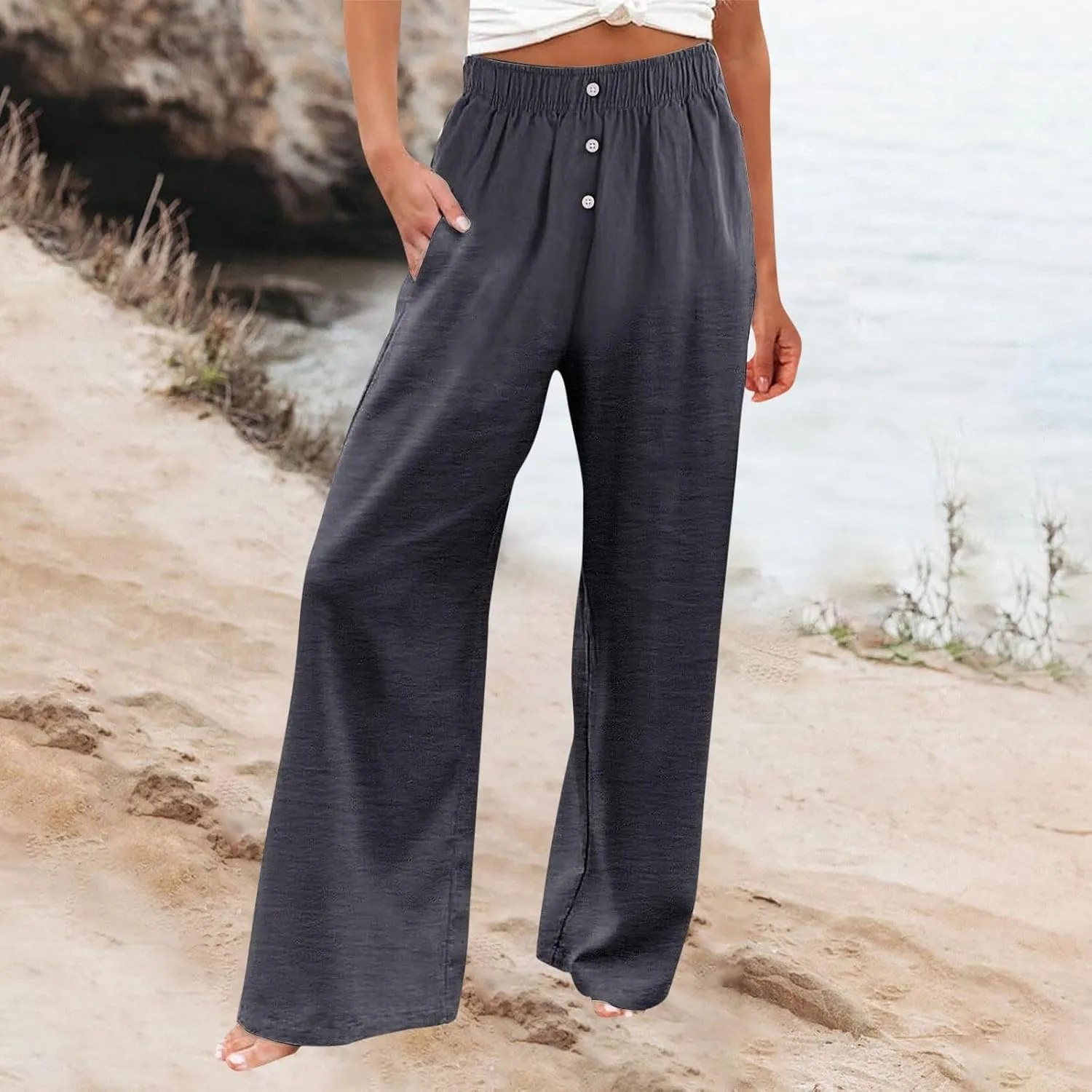 High Waisted Linen Pants Women Summer Casual Flowy Boho Beach Pants Lightweight Comfy Loose Linen Trousers w/Pockets