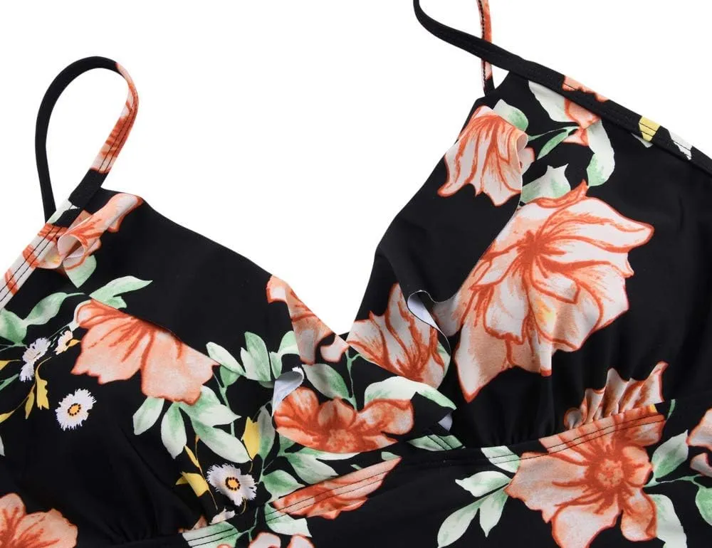 Hilor Women's Tankini Tops Shirred Ruffled Swimsuits V Neck Swimwear Top