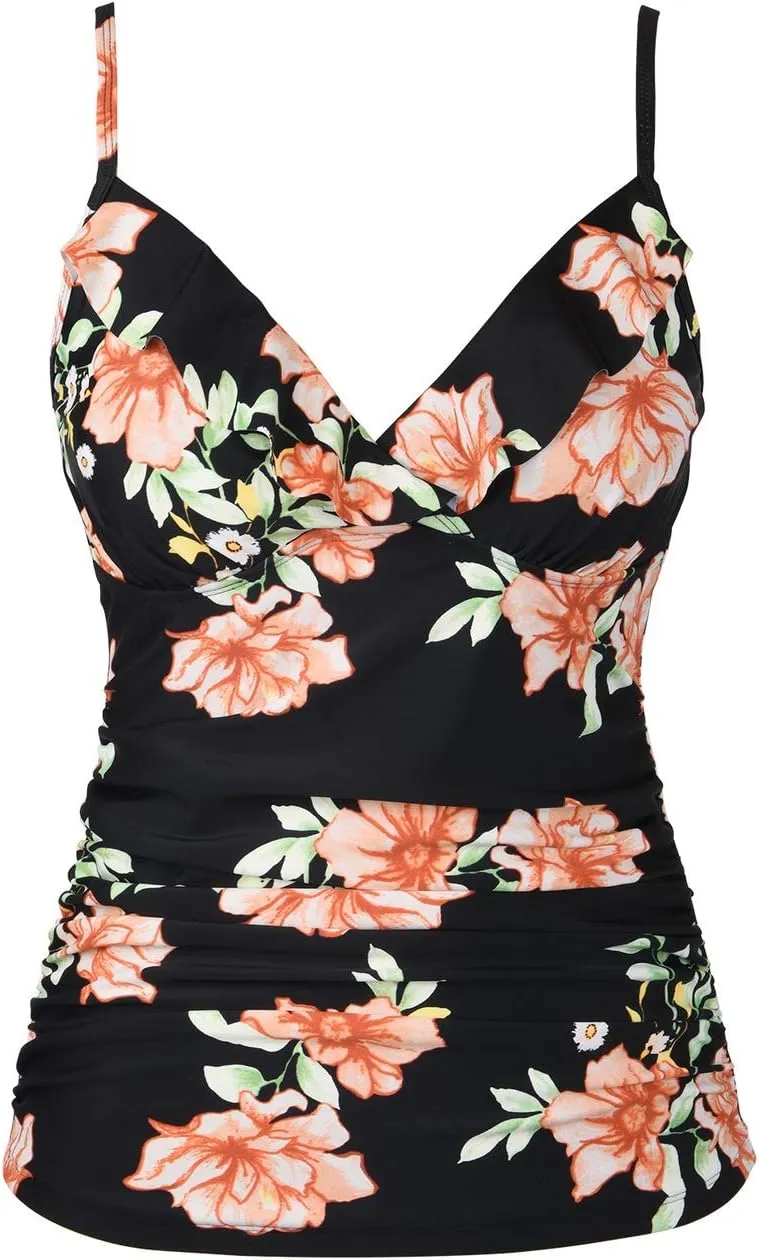 Hilor Women's Tankini Tops Shirred Ruffled Swimsuits V Neck Swimwear Top