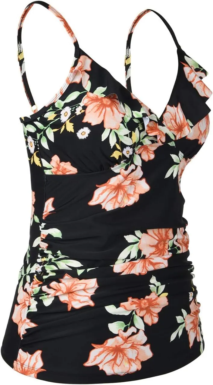 Hilor Women's Tankini Tops Shirred Ruffled Swimsuits V Neck Swimwear Top