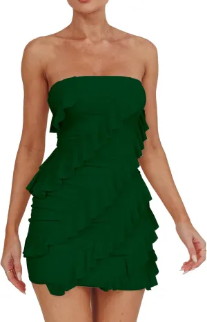 HOCILLE Women's Sexy Strapless Tube Top Bodycon Sleeveless Ruffle Mini Party Dress
