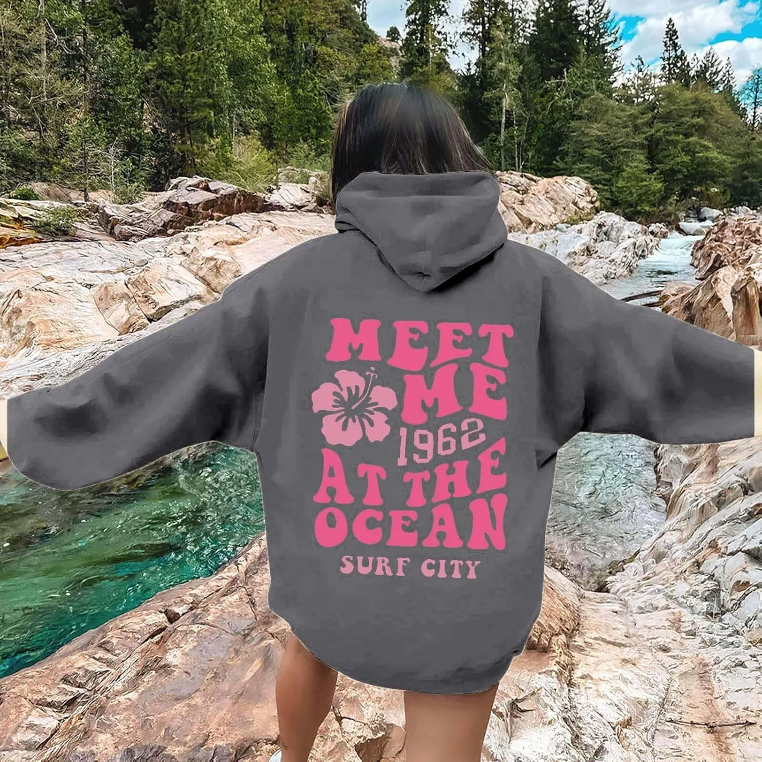 hoodies for women,Preppy Casual Letter Floral Print Sweatshirt Drawstring Oversized Graphic Pullover Cute Hoodies