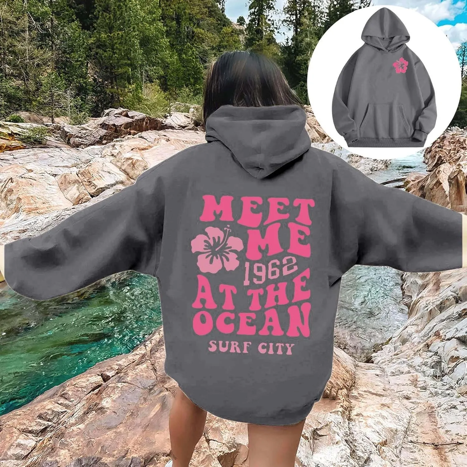hoodies for women,Preppy Casual Letter Floral Print Sweatshirt Drawstring Oversized Graphic Pullover Cute Hoodies
