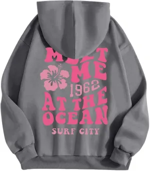 hoodies for women,Preppy Casual Letter Floral Print Sweatshirt Drawstring Oversized Graphic Pullover Cute Hoodies