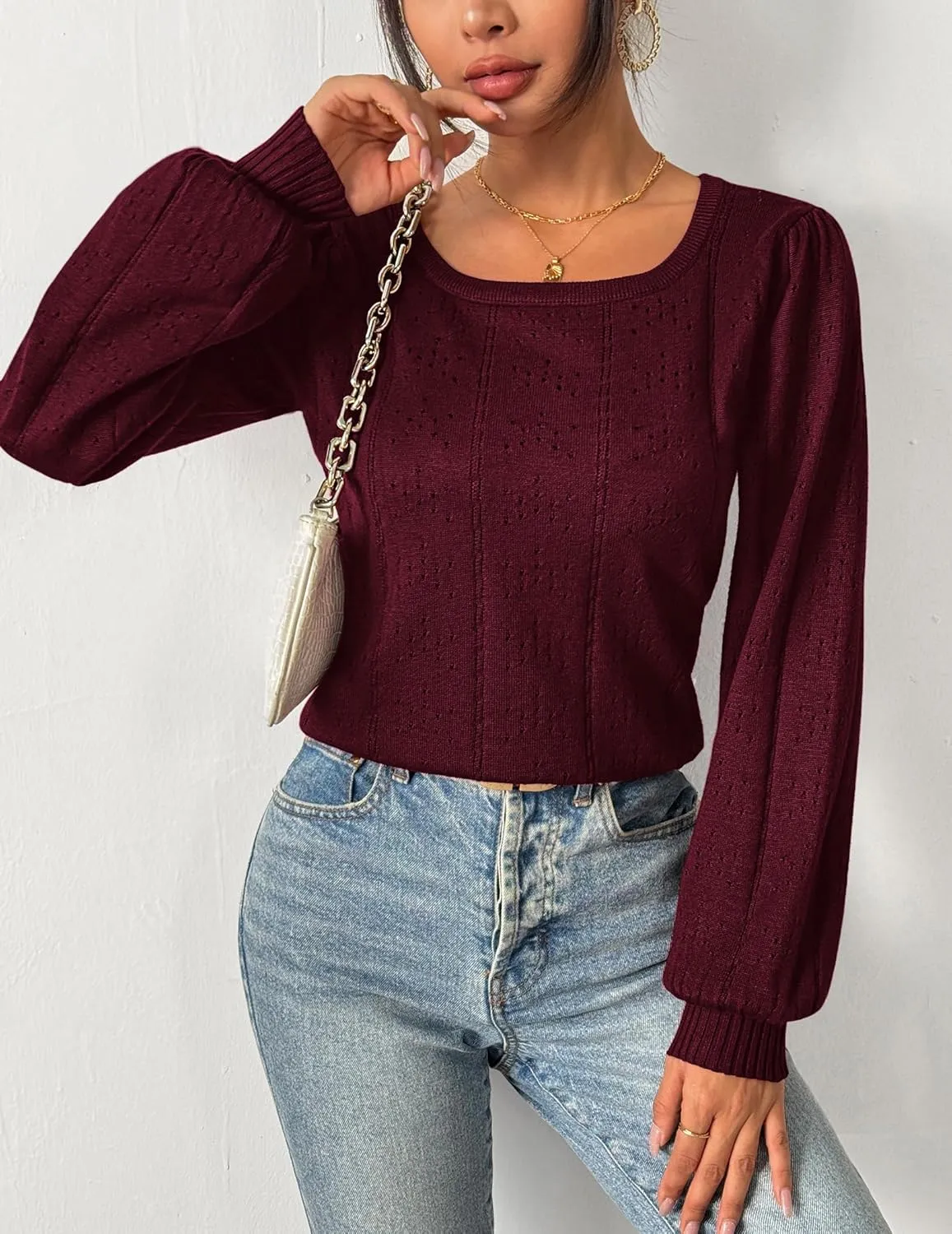 HOTOUCH Womens Puff Sleeve Tops Spring Summer 2025 Trendy Casual Knit Sweaters Square Neck Cute Tunic Pullover Blouses Shirts