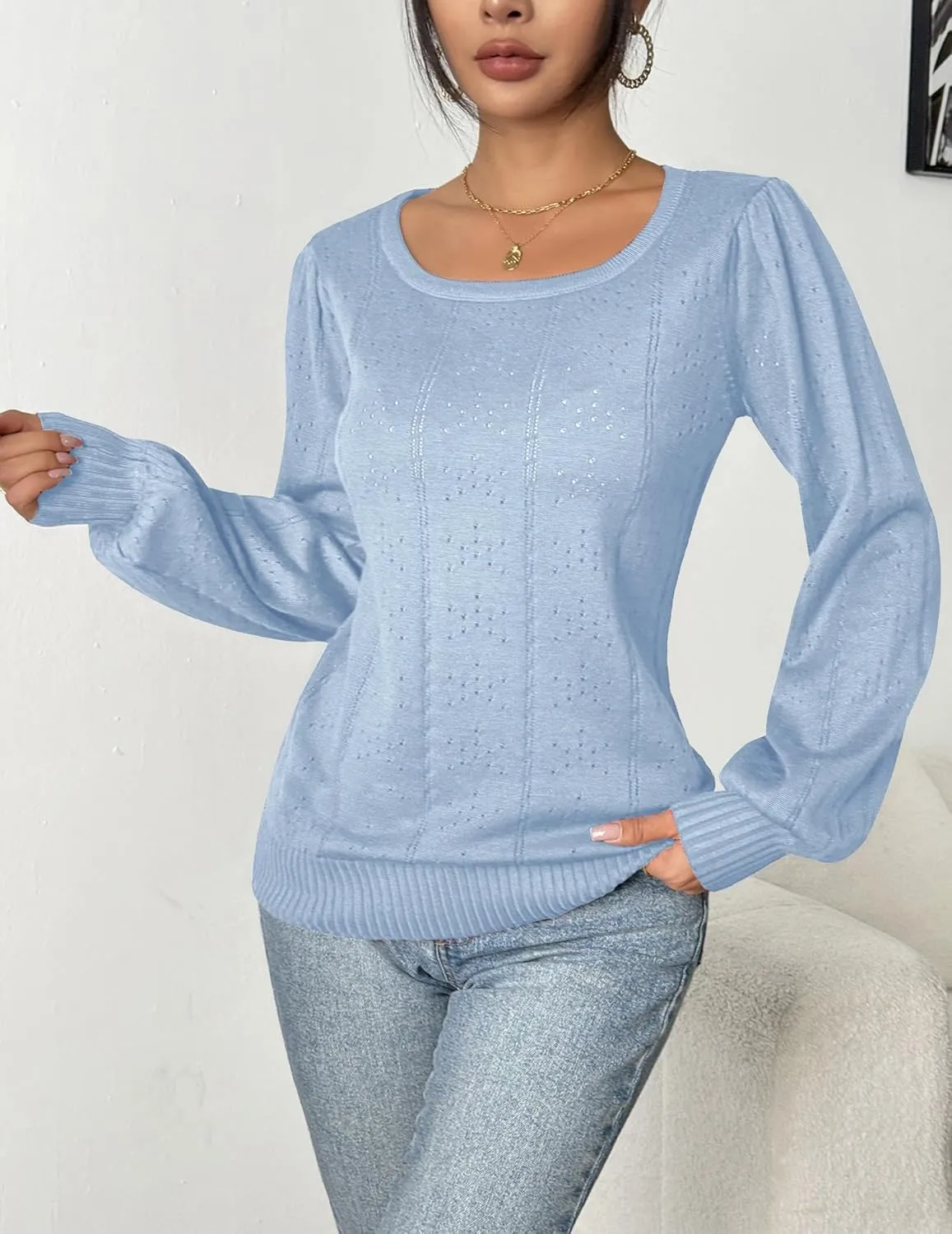 HOTOUCH Womens Puff Sleeve Tops Spring Summer 2025 Trendy Casual Knit Sweaters Square Neck Cute Tunic Pullover Blouses Shirts