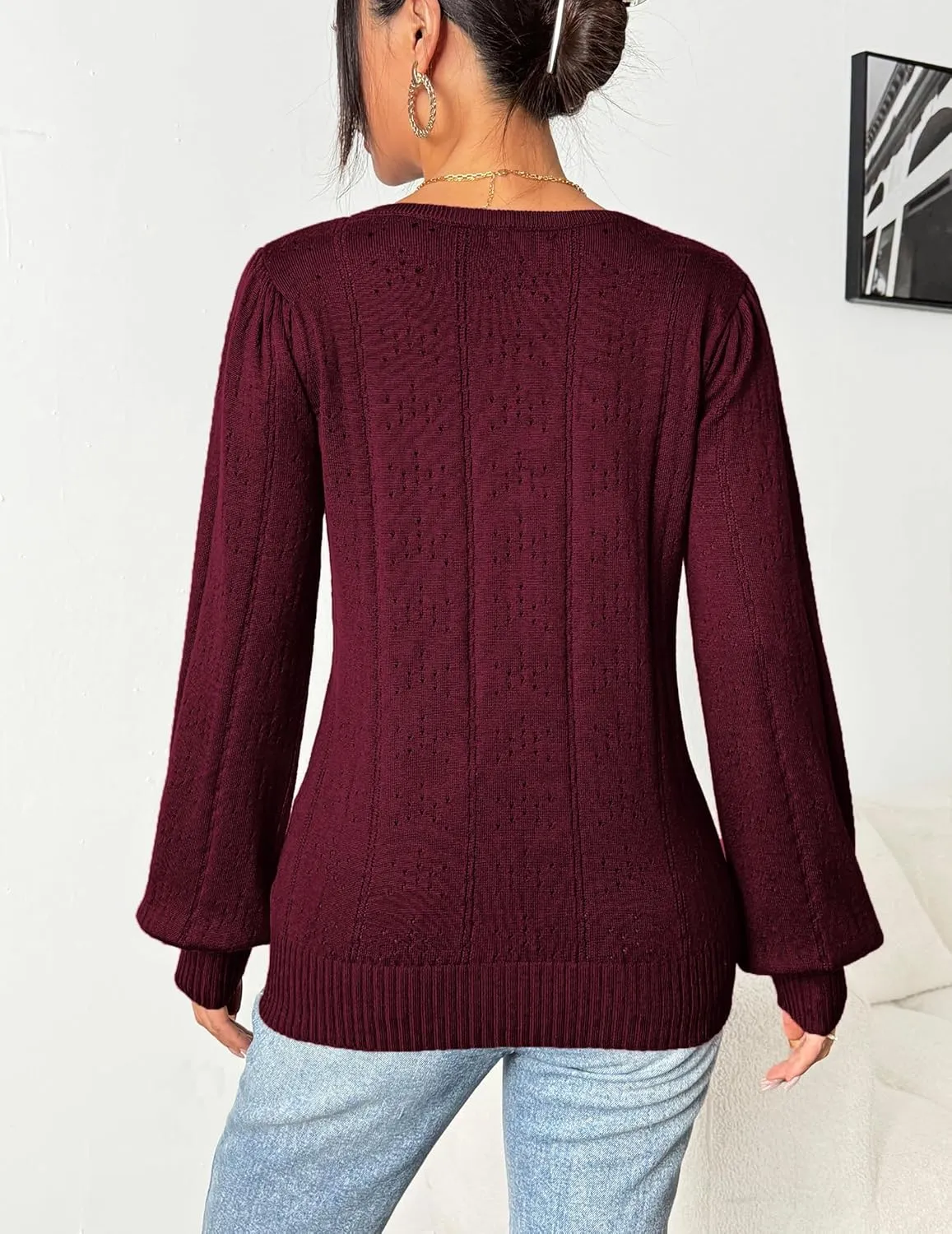 HOTOUCH Womens Puff Sleeve Tops Spring Summer 2025 Trendy Casual Knit Sweaters Square Neck Cute Tunic Pullover Blouses Shirts