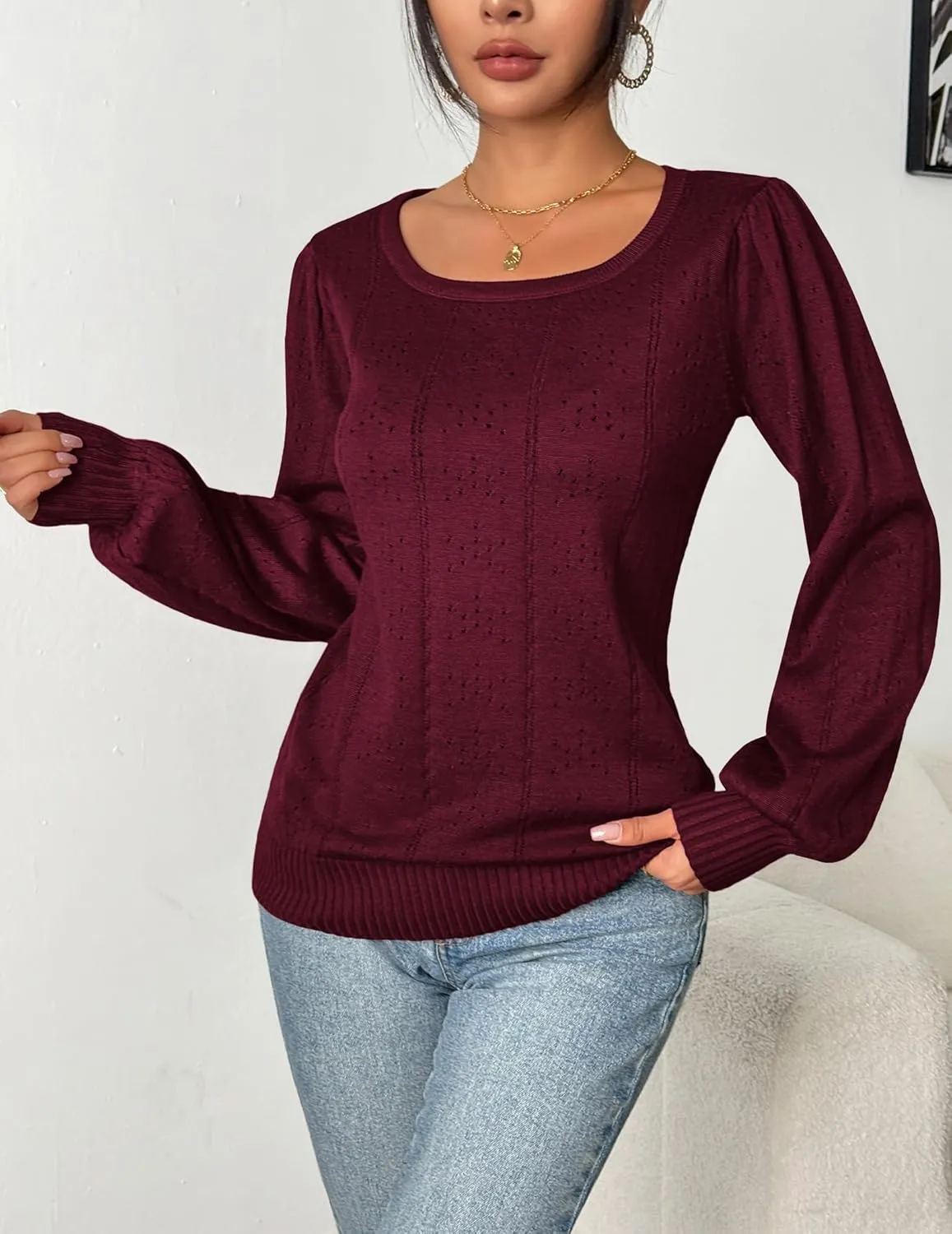HOTOUCH Womens Puff Sleeve Tops Spring Summer 2025 Trendy Casual Knit Sweaters Square Neck Cute Tunic Pullover Blouses Shirts