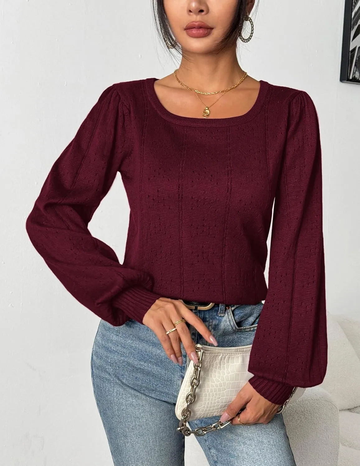 HOTOUCH Womens Puff Sleeve Tops Spring Summer 2025 Trendy Casual Knit Sweaters Square Neck Cute Tunic Pullover Blouses Shirts