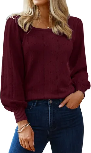 HOTOUCH Womens Puff Sleeve Tops Spring Summer 2025 Trendy Casual Knit Sweaters Square Neck Cute Tunic Pullover Blouses Shirts