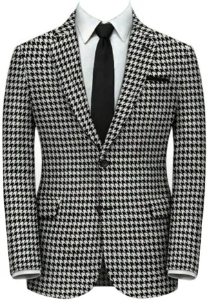 Houndstooth Blazer White Mens Slim Fit Plaid Dogstooth Tuxedo Prom Wedding Party Groom Sports Jacket Coat Suits