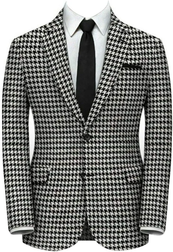 Houndstooth Blazer White Mens Slim Fit Plaid Dogstooth Tuxedo Prom Wedding Party Groom Sports Jacket Coat Suits