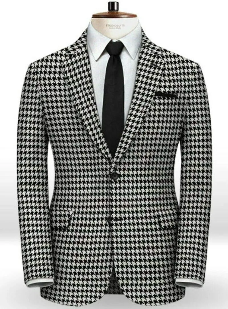Houndstooth Blazer White Mens Slim Fit Plaid Dogstooth Tuxedo Prom Wedding Party Groom Sports Jacket Coat Suits