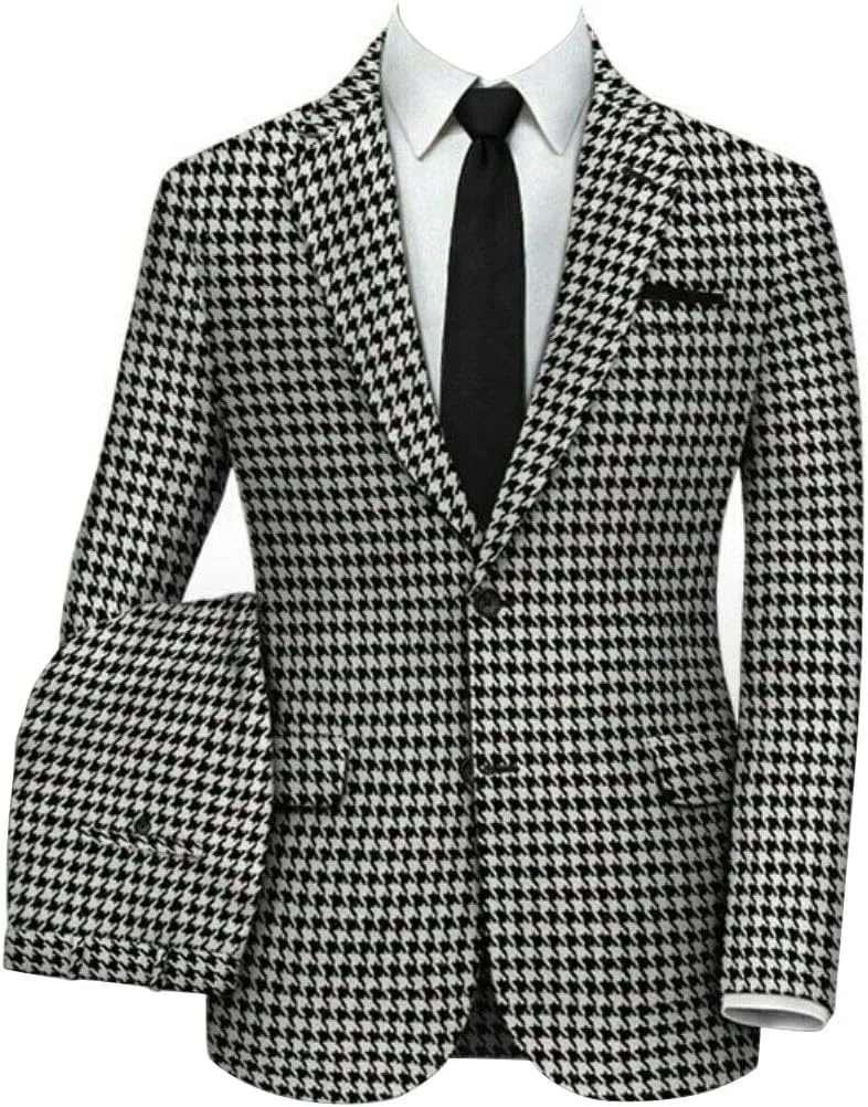 Houndstooth Blazer White Mens Slim Fit Plaid Dogstooth Tuxedo Prom Wedding Party Groom Sports Jacket Coat Suits