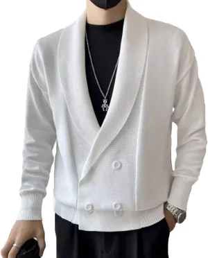 HZCX FASHION Men Shawl Collar Double Breasted Cardigan Sweater Knit Jacket Blazer