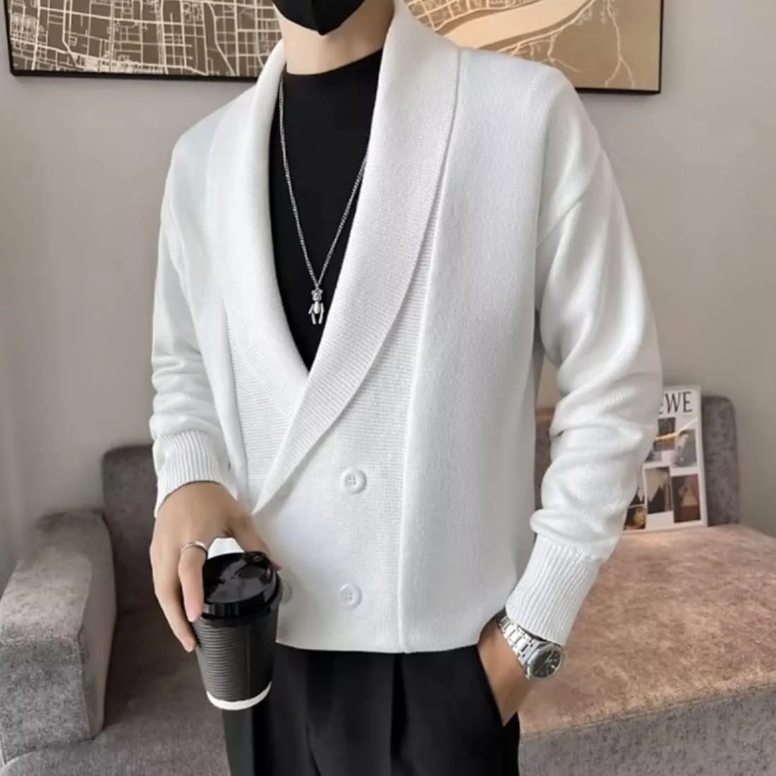 HZCX FASHION Men Shawl Collar Double Breasted Cardigan Sweater Knit Jacket Blazer
